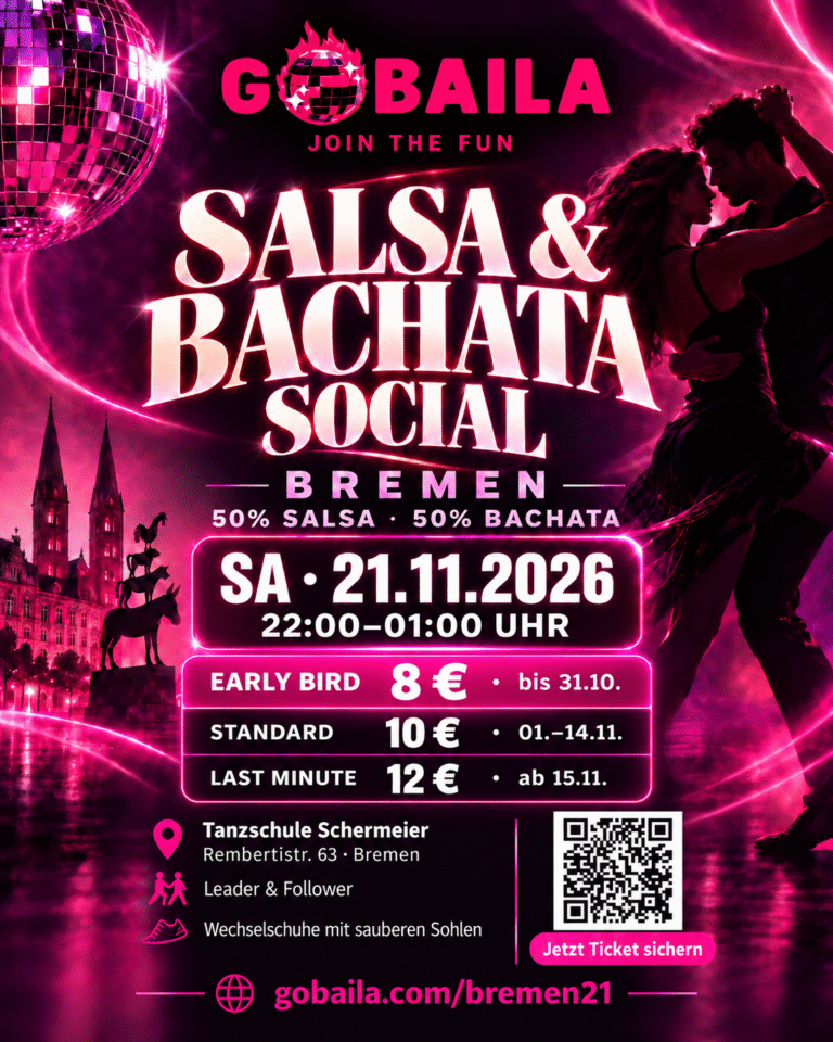 GoBaila Salsa & Bachata Party Bremen, 50% Salsa und 50% Bachata, 21. November 2026 – Kampagnenposter