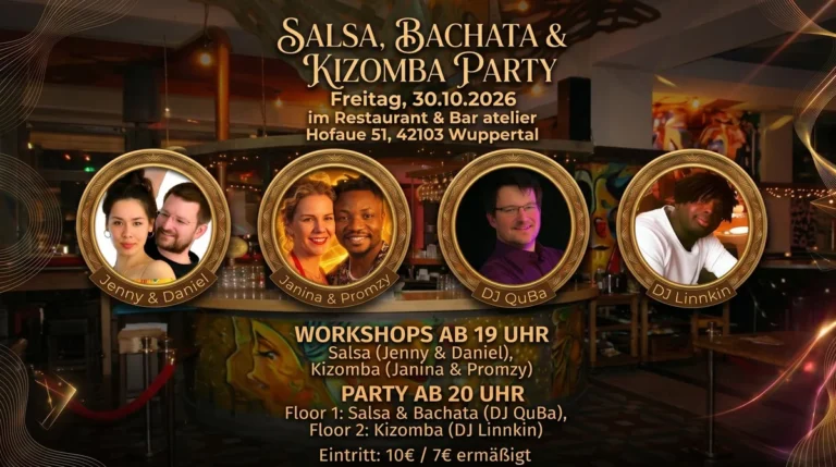 Salsa, Bachata & Kizomba auf zwei Tanzflächen im Atelier – Salsa, Bachata and Kizomba in Wuppertal